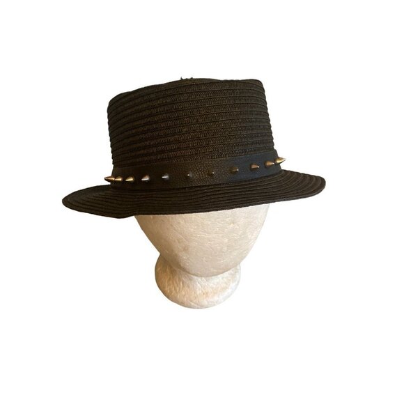 Black Woven Porkpie Hat Cap Silver Stud Detail - Picture 4 of 6